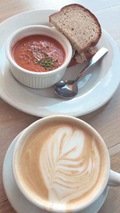 Bakery Lorraine - @sweetlikeoyin www.sweetlikeoyin.com   Latte w/ extra vanilla  Lunch special - 1/2 Tomato Soup 1/2 Chicken Salad Sandwich - Bakeries Near Me - Austin, Texas