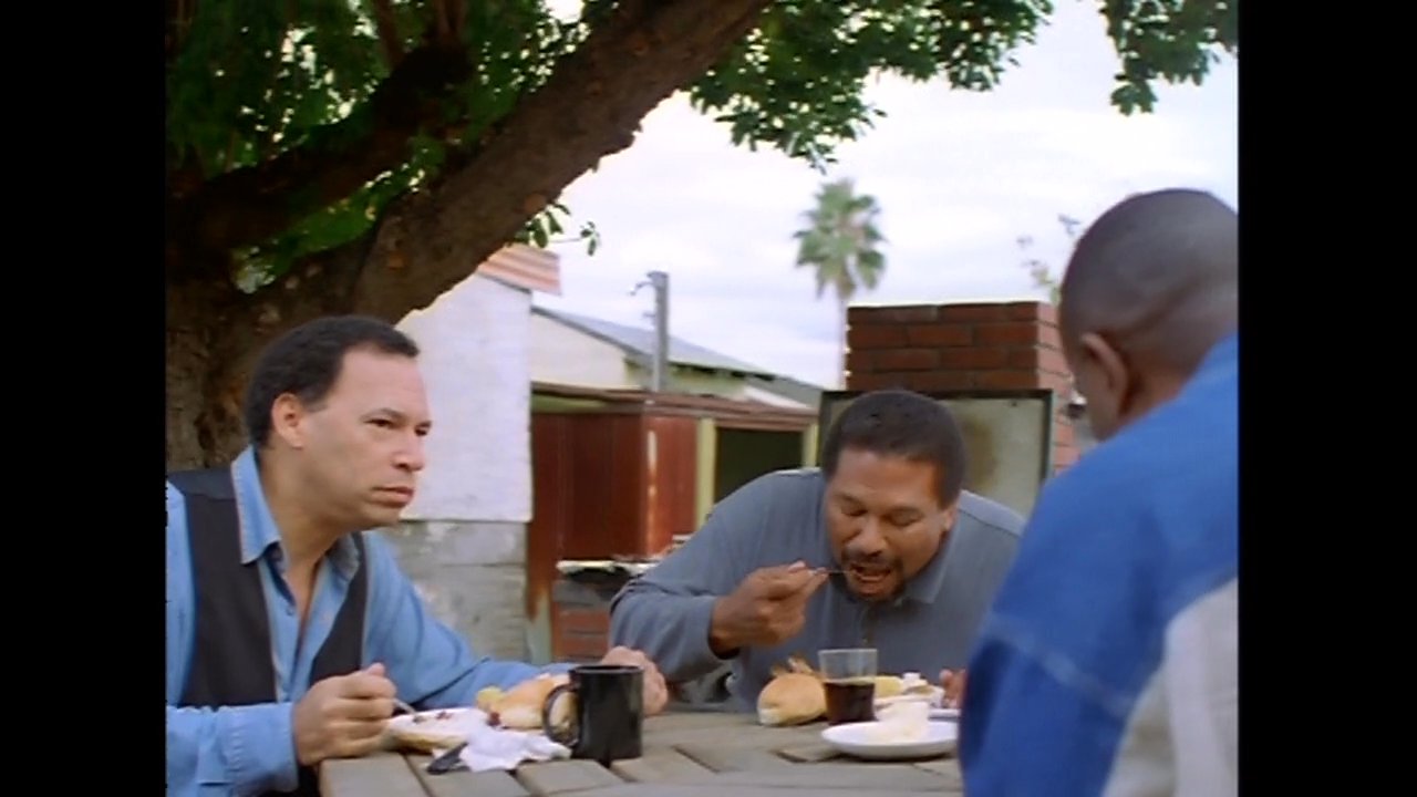 Three men engage in conversation while enjoying a casual outdoor meal at a picnic table in a residential backyard.
