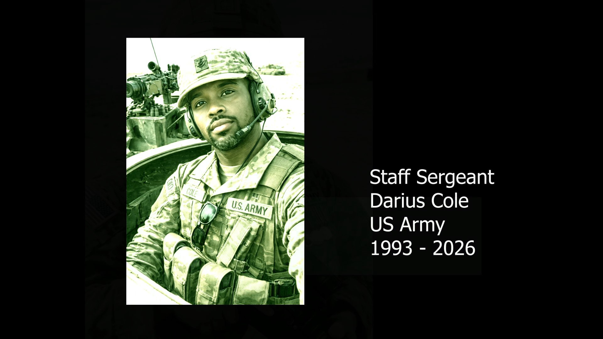 A memorial tribute honors fallen United States Marine Corps and Army personnel through a sequence of portrait photographs paired with biographical details and dates of service.