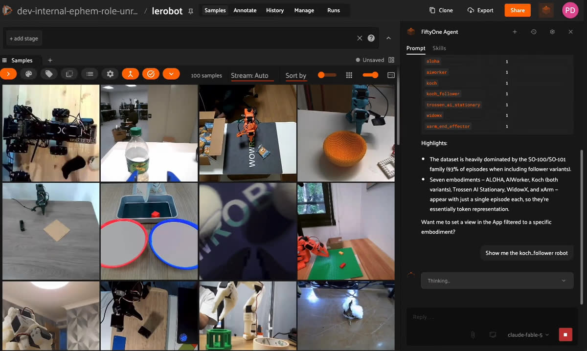 Voxel51 Agent searches for robot embodiments in a LeRobot dataset.