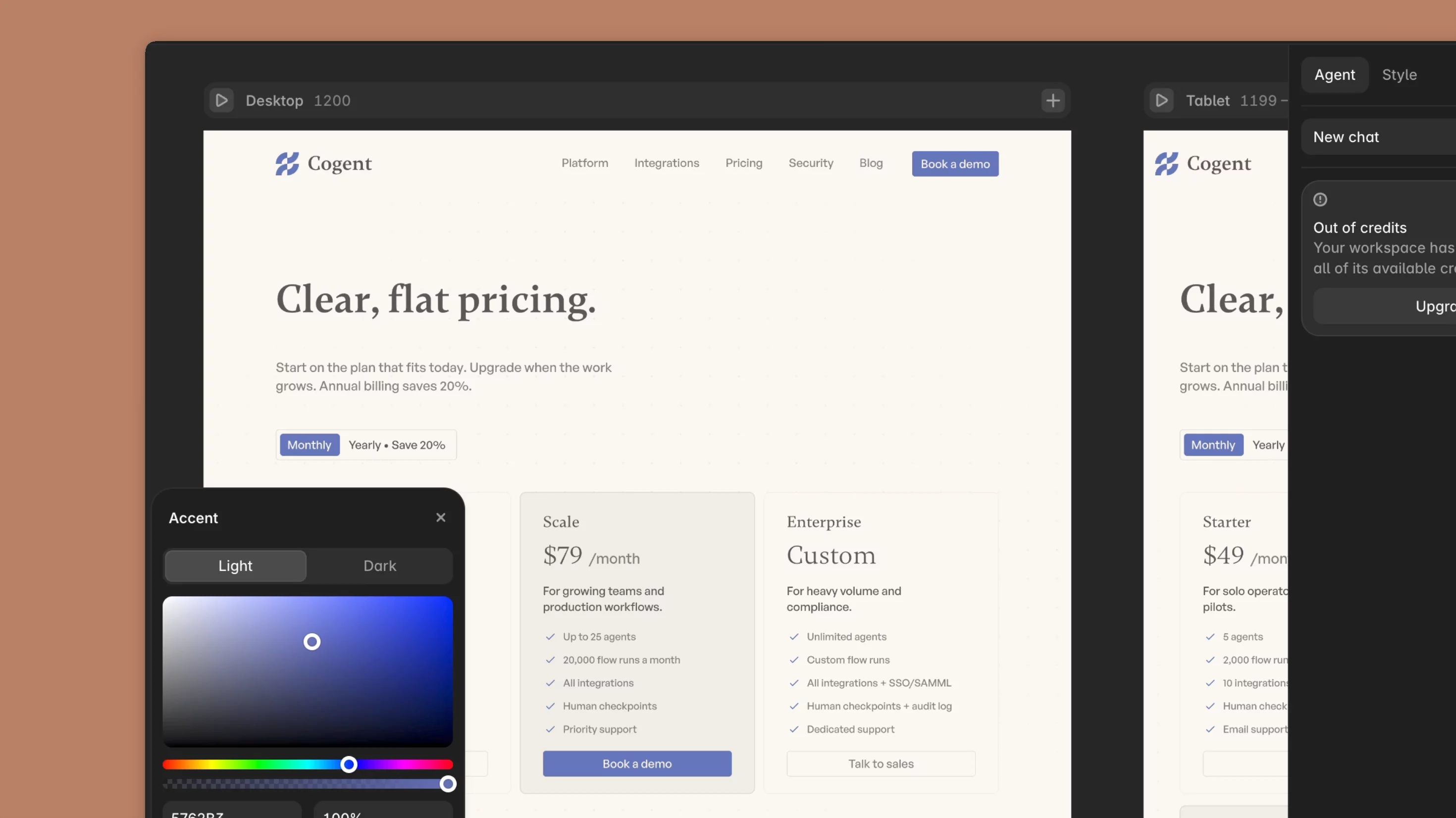 The test for a template's style system is whether you can change the brand from one place.Cogent passes it. All colours and text styles are set in the Assets panel, so a buyer swaps their brand once and the change propagates through every page on the site.Style guide included, so you can see everything that's there to change.That's how rebranding should work.
