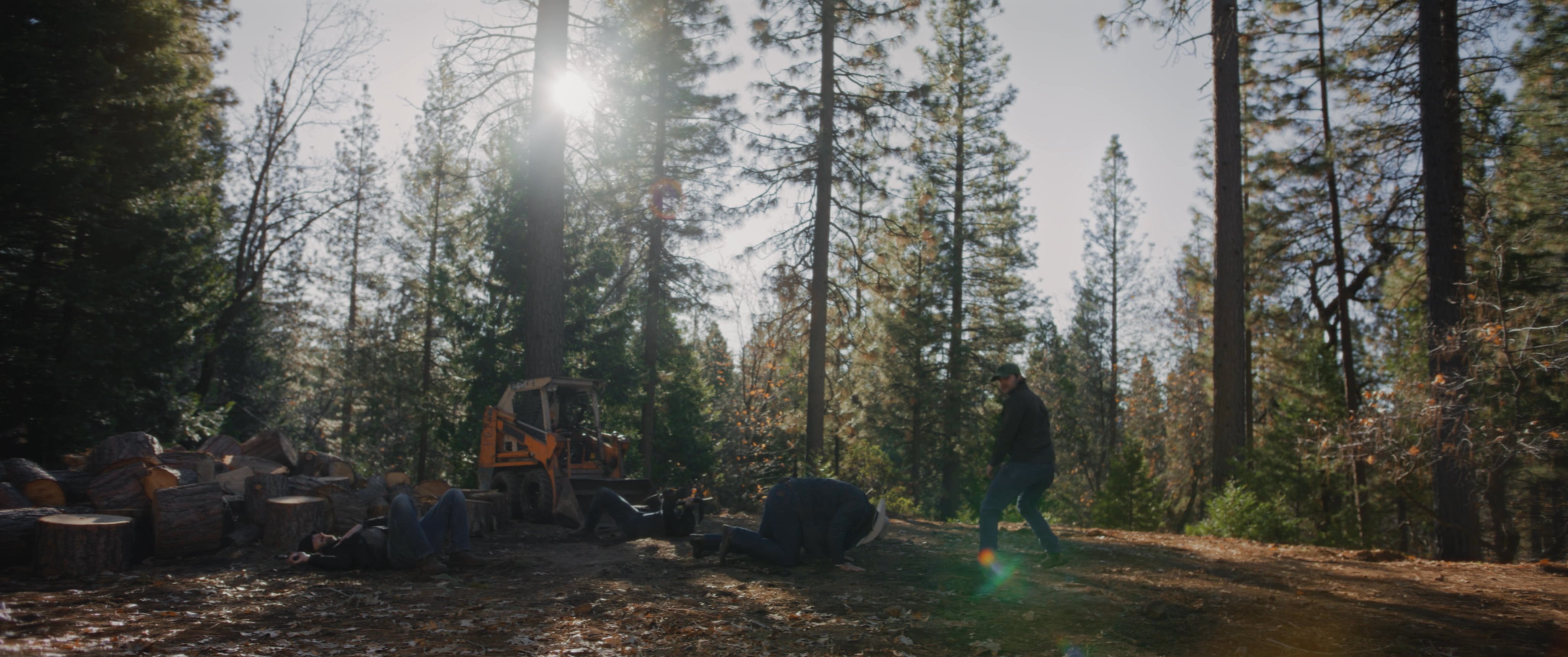A tactical standoff unfolds in a forest clearing as armed individuals confront each other near a parked vehicle. A marksman maintains focus through a scope while tensions escalate among the group.