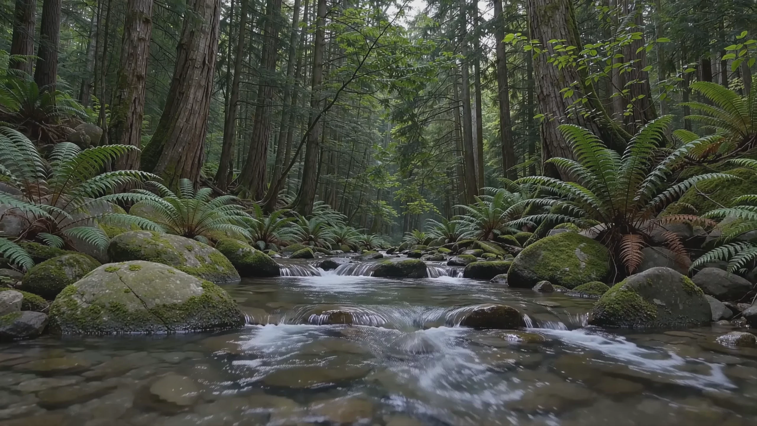 A wide-angle, low-angle shot of a clear stream flowing over moss-covered stones in a dense forest. Lush green ferns line the banks, and tall trees rise into the canopy. Generated at 1920x1080 resolution using the Happy Horse model on Hedra, this 5-second video captures serene natural movement.