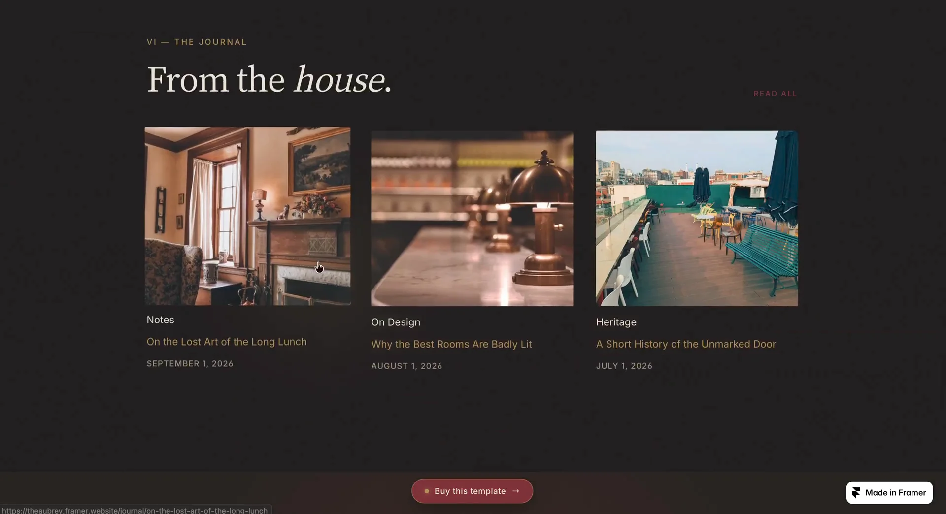 The Aubrey is a Framer template for private members' clubs and by-invitation houses. Near-black and oxblood, lit by brass and candlelight, with a doors-open intro and a Request an Invitation form.