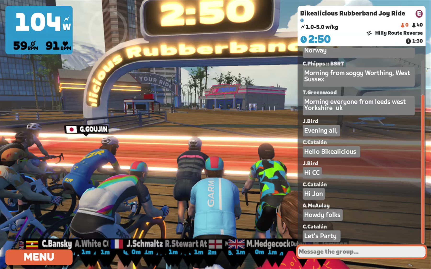 Zwift - Group Ride: Bikealicious Rubberband Joy Ride (E) on Hilly Route Reverse in Watopia