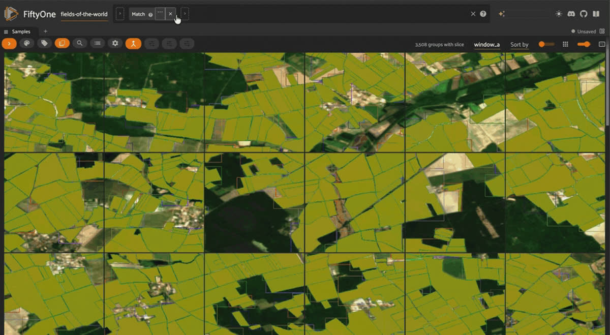 Fields of the World Sentinel-2 satellite chips with a country distribution chart and world map in the FiftyOne app