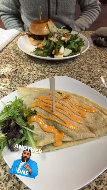 MeMe's Cafe - Bottom: Veggie's Delight Crepe w/ bacon Top: MeMe's Hawaiian Sandwich - American Near Me - Springdale, Utah