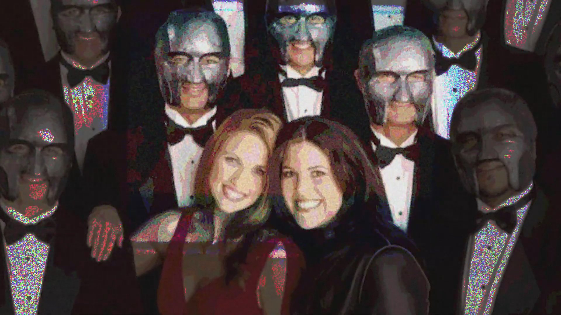 A television screen displays distorted, flickering images of people in formal attire before fading into complete static. The sequence highlights technical signal interference and media degradation.
