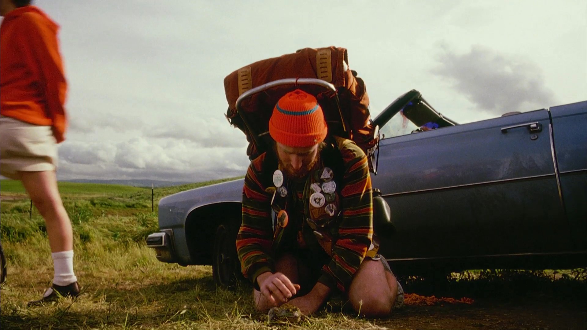 A backpacker and a companion examine a toad by the roadside before the backpacker resumes walking across a rural landscape.