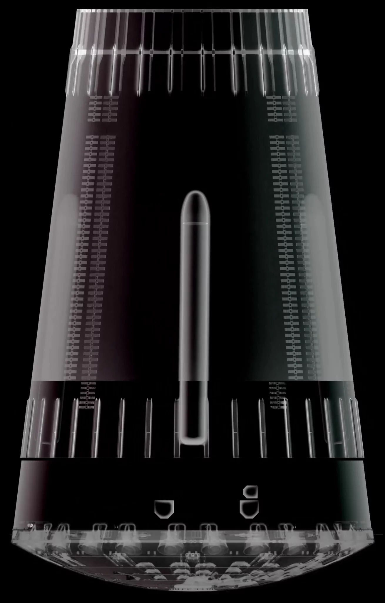 Ghosted grey rendering of Nova Pathfinder's second stage against black: a flared cone over a domed base, with a slim central column and dense rows of internal hardware down both walls.