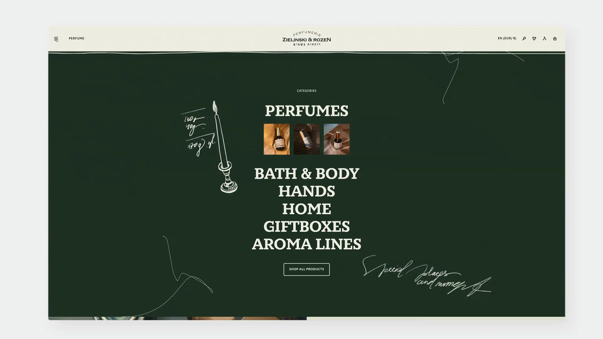 Overlay menu from a fragrance and body care site showing category navigation with subtle hover animations and an artisan-inspired cursor interaction. A hand-drawn cursor sketch and animated underline reinforce the brand’s handmade, artisanal identity. The background stays blurred while the menu content highlights fragrance families, aligning interaction design with tactile, crafted branding.