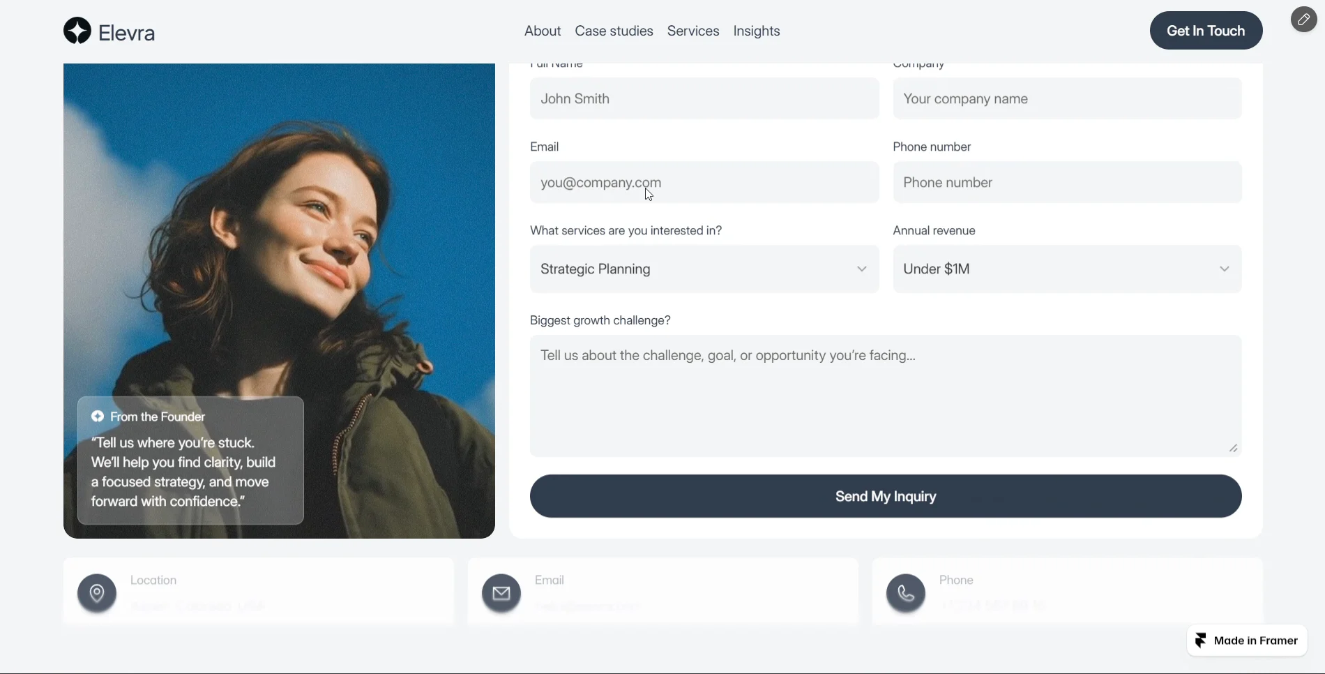 A good contact page makes it easy for potential clients to take the next step.Elevra’s Contact Us page keeps things simple, clear, and focused on starting meaningful business conversations.My new Framer template, Elevra, is getting closer to completion. 🚀#Framer #WebDesignhttps://framer.link/1EKf9Sa