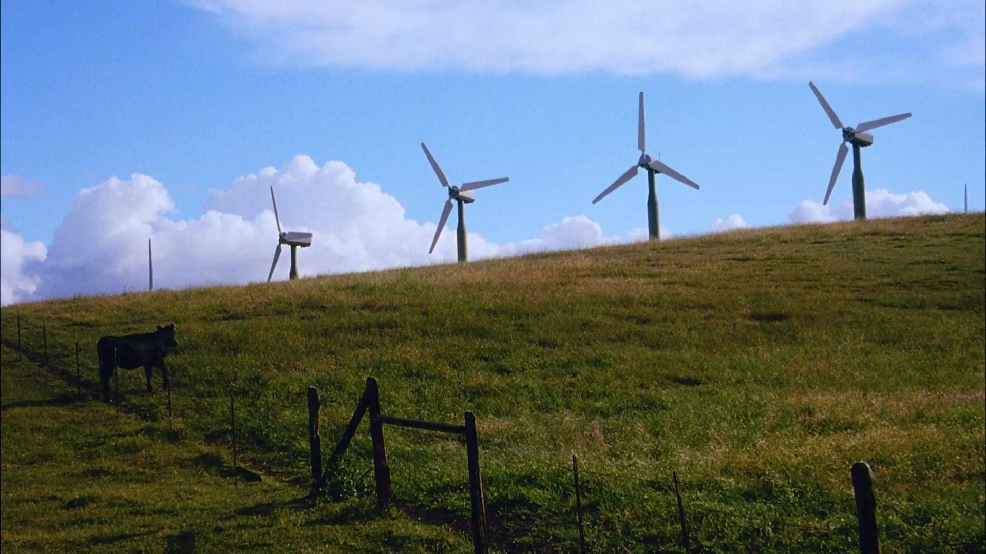 A lone hiker with a heavy backpack navigates a remote, wind-swept rural road surrounded by rolling green hills and a series of wind turbines.