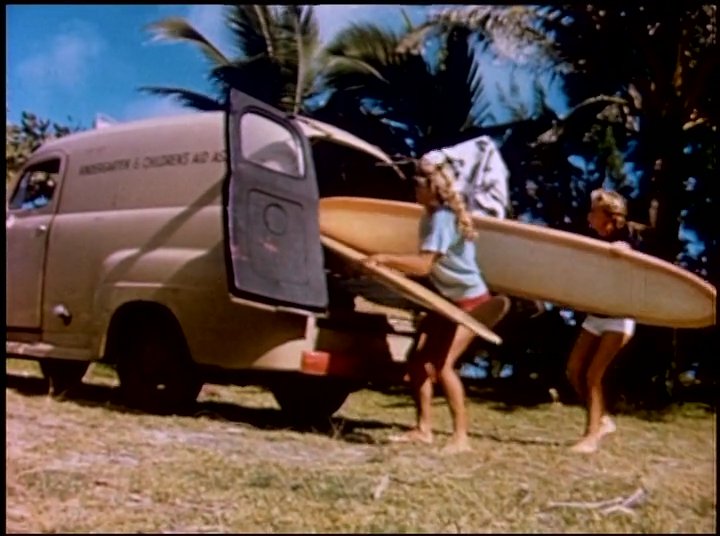 Surfers emerge from a coastal van to unload equipment and ride waves at a scenic oceanfront location. The group enjoys a day of water sports in a picturesque beach setting.