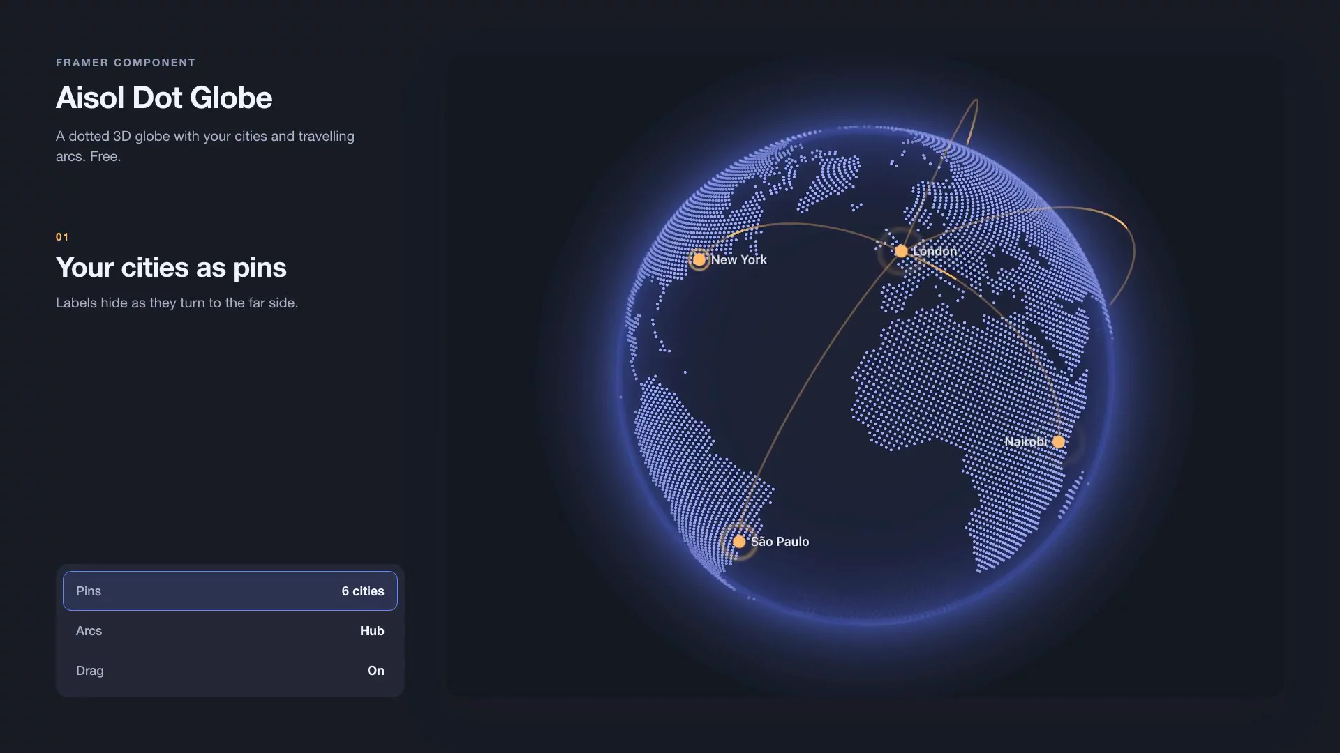 Build note: a world map with no tile server.Most map components load tiles from Google, OpenStreetMap or Carto, so every visit sends a request to a third party and many need an API key. For our last two components I tried the opposite and baked the world into the code: Natural Earth coastlines (public domain), projected to Equal Earth and simplified into a single 25 KB SVG path. The land dots are an SVG pattern whose spacing is recalculated on zoom, so they keep the same size on screen.Three things that took more than one try:Scrolling. A plain wheel now scrolls the page and only Ctrl or ⌘ zooms the map. On phones one finger scrolls the page and two fingers move the map. We measured both on the published site.The first view. Measuring the frame in JavaScript to fit all pins would make the server and browser draw different frames, so the fit is done with CSS container units. On a 390 px phone the first version cut off Japan and Australia; this fixed it.Text sizes. The panel started with eleven unrelated font sizes. It now uses one scale (14 px base, ratio 1.125) tied to a single Text Size control.The two are Aisol Office Map and Aisol Dot Globe; the clip is recorded from them.