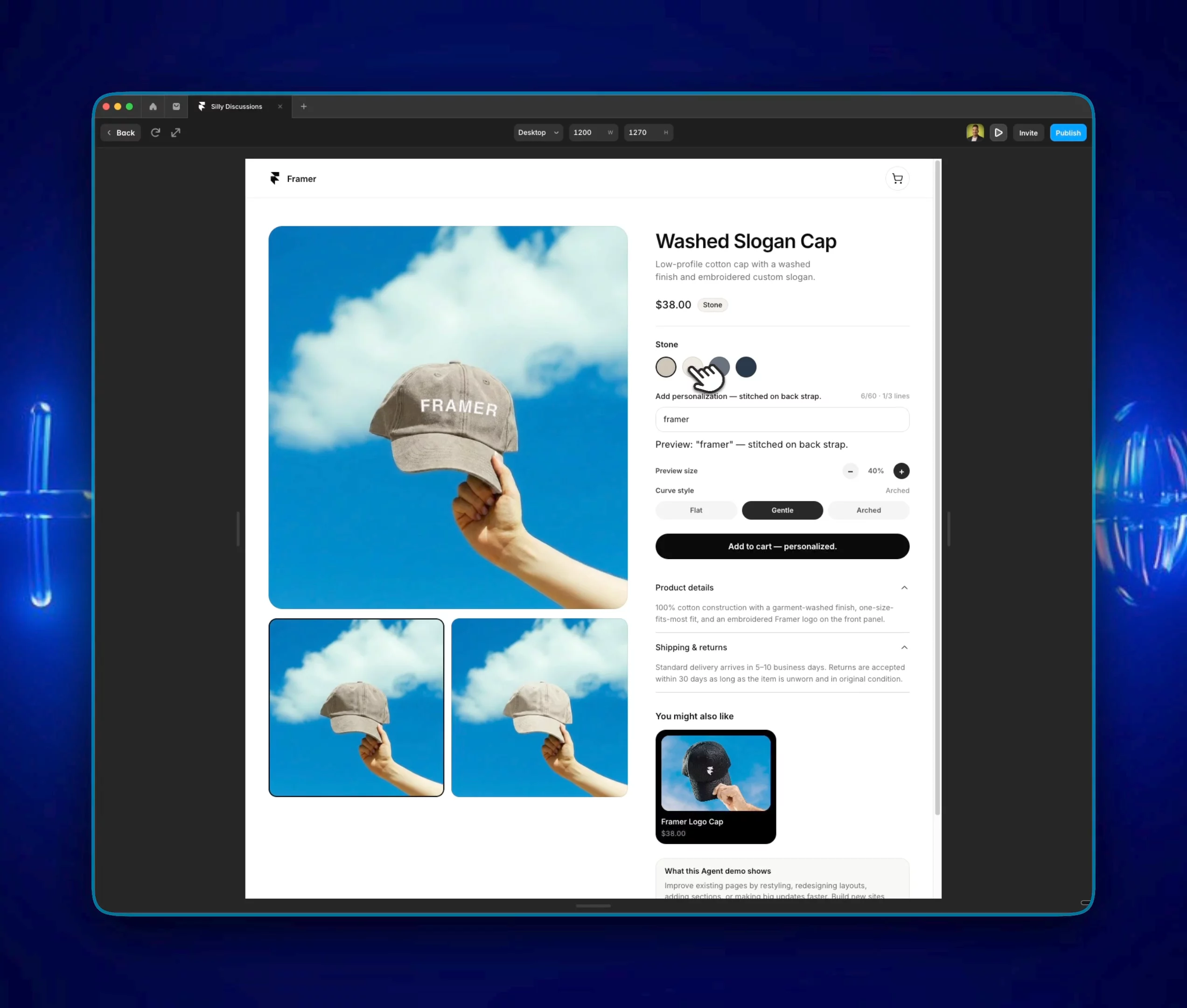Here's what I tried to submit for the @Framer Agents Hackathon.I appreciate any help from @Framer's support team to finalize my submission.I took a swing at reimagining the @Framer Merch experience.   So, I redesigned the washed logo cap page to be fully interactive.  instead of a static preview, you can personalize it live.  - edit the text - change colors - adjust the curve - drag it around - rotate it 360°  concept idea below ↓