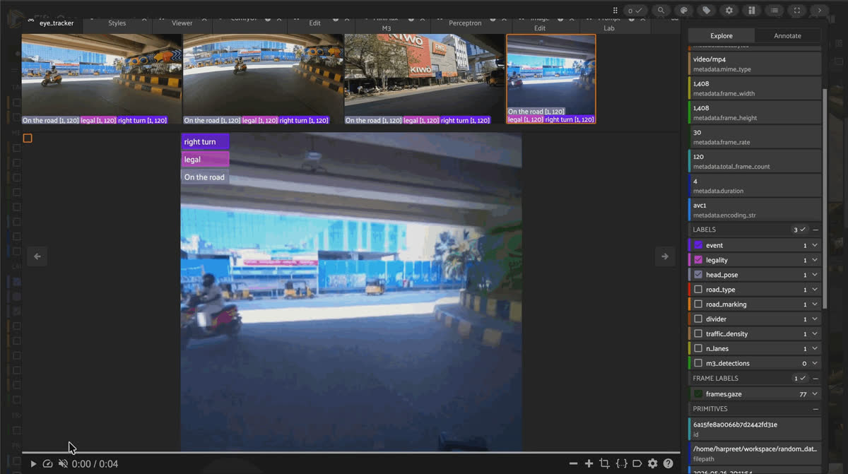 FiftyOne grouped sample of a MOTOR scooter clip under a flyover, labeled right turn, legal, and on the road