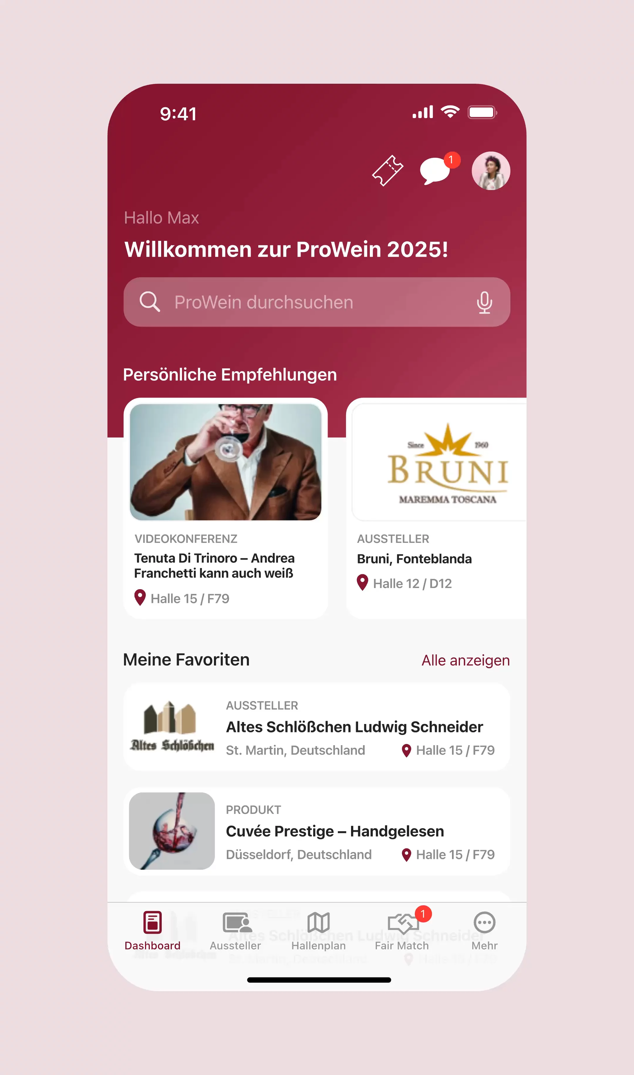 Einblicke in die FairMate Event App, eine hybride Mobile App für iOS und Android, konzipiert, gestaltet und entwickelt von Hypercode, mit Onboarding, personalisiertem Dashboard, Aussteller- und Profilseiten sowie integrierten Networking-Funktionen wie Suche, Chats und Terminvereinbarung für Messen und Events. | Hypercode, Digital Product Studio, Köln