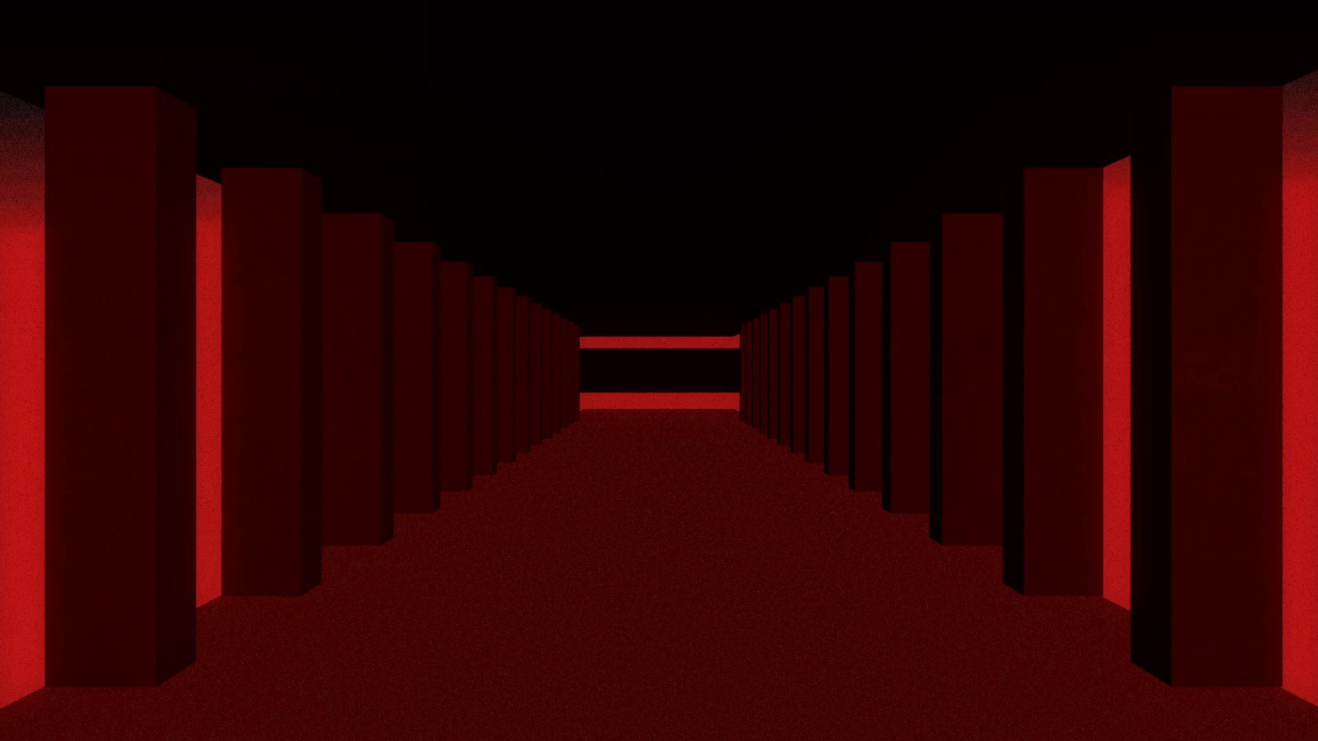 Two individuals engage in a focused, somber conversation within a dimly lit living room setting before the scene transitions into an abstract, red-hued geometric tunnel animation.
