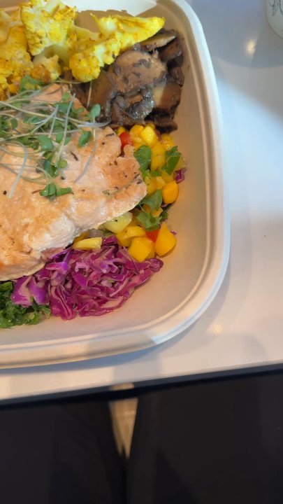 Aubergine Kitchen - Good food food.  Curry salmon bowl and mango salad sub the quinioa for wild rice. - Mediterranean Near Me - Las Vegas, Nevada