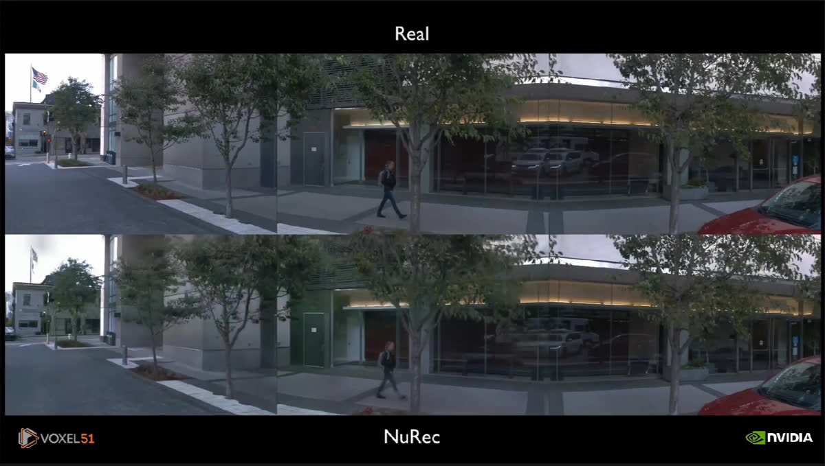 Generate lifelike digital twins with NVIDIA Omniverse simulations. Comparison of an original driving scene vs the NVIDIA Neural Reconstructed one. 