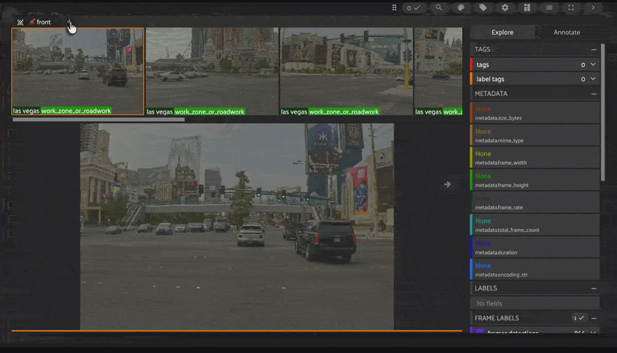 nuReasoning clips in the FiftyOne App grid view, organized as a grouped video dataset with sample metadata, frame labels, and group fields accessible in the sidebar.
