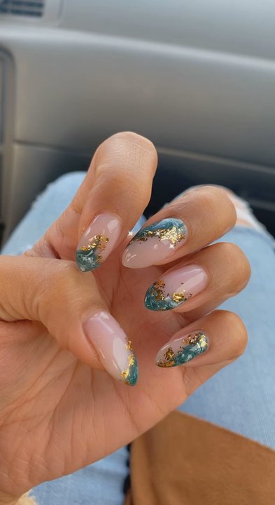 Union Nails - What I got  Almond shape, green jade marble look w/ gold foil - Nail Salons Near Me - Rutherford, New Jersey