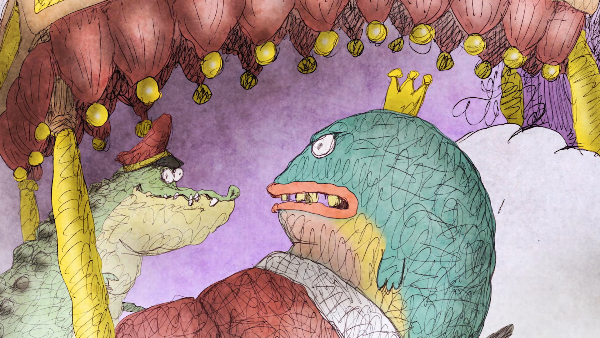 A king awakened in bed receives an urgent report from a crocodile attendant. The scene features expressive character interaction within an ornate, hand-drawn aesthetic.