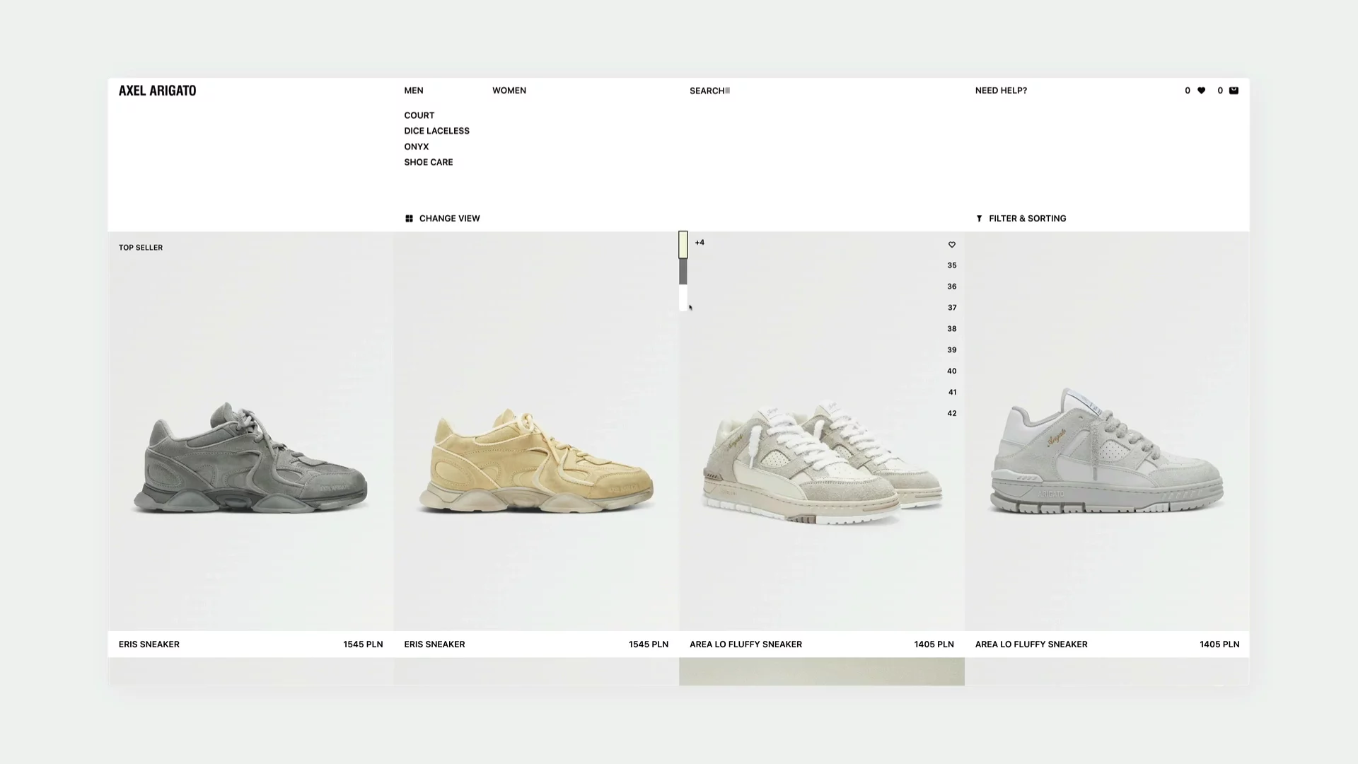 Axel Arigato sneaker product listing page showing four shoe models with size filter, category navigation, and top seller highlight