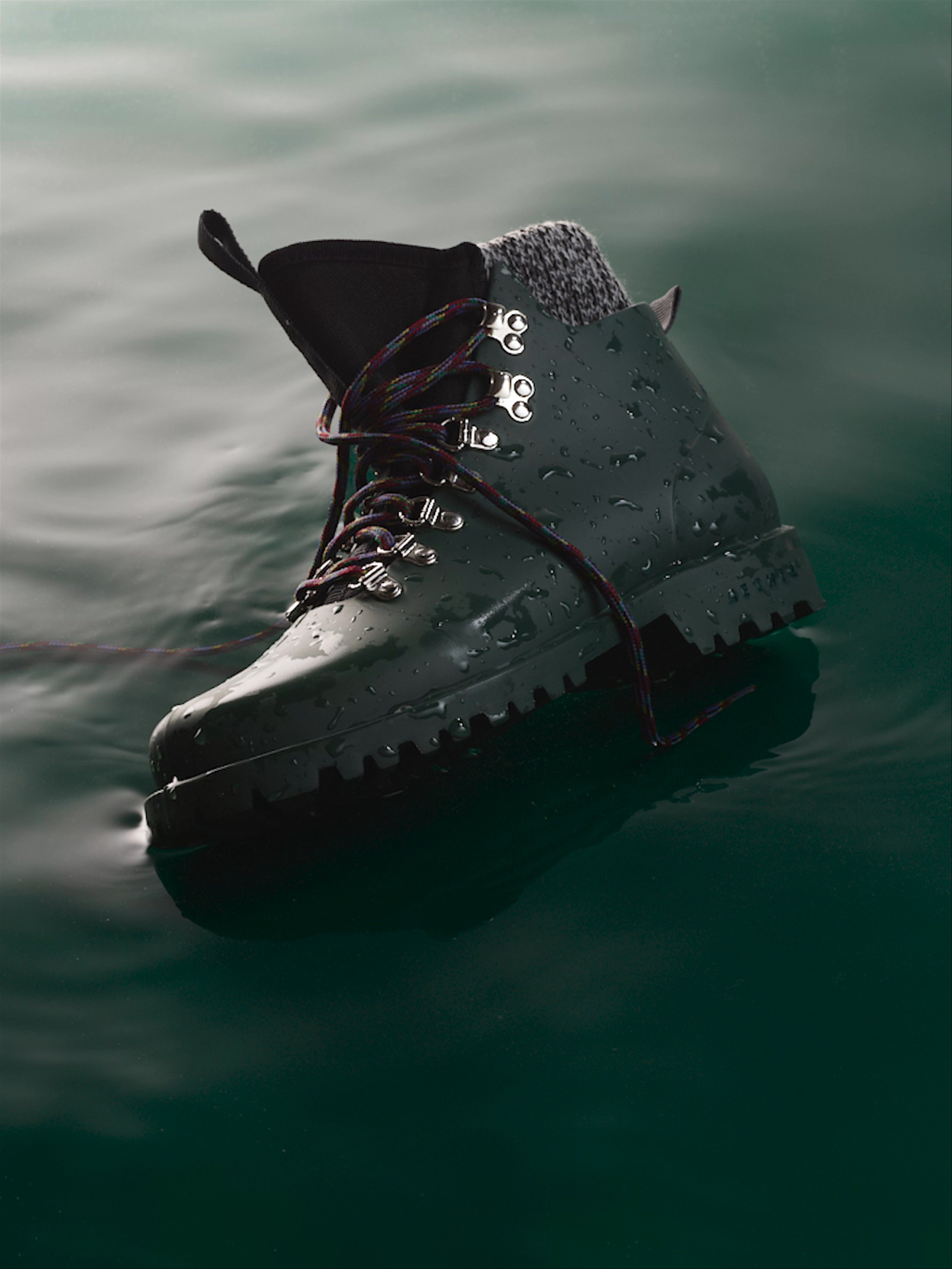 Stop-motion animation of water moving under Rain Boot.