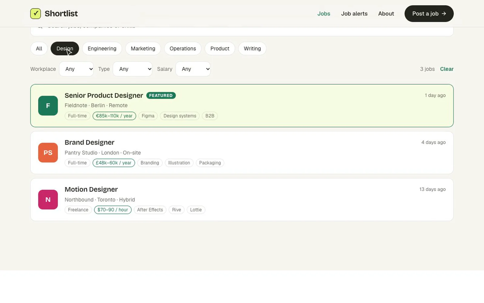 A job board template where the filters do the work.Shortlist keeps jobs in the CMS. Search, category, workplace, job type and minimum salary filter the list live, and the filters stay in the URL, so a link like ?cat=Design&amp;where=Remote opens already filtered. Jobs hide themselves after their Days Live, and every job page carries Google for Jobs data.Live demo: https://shortlist-jobs.framer.website