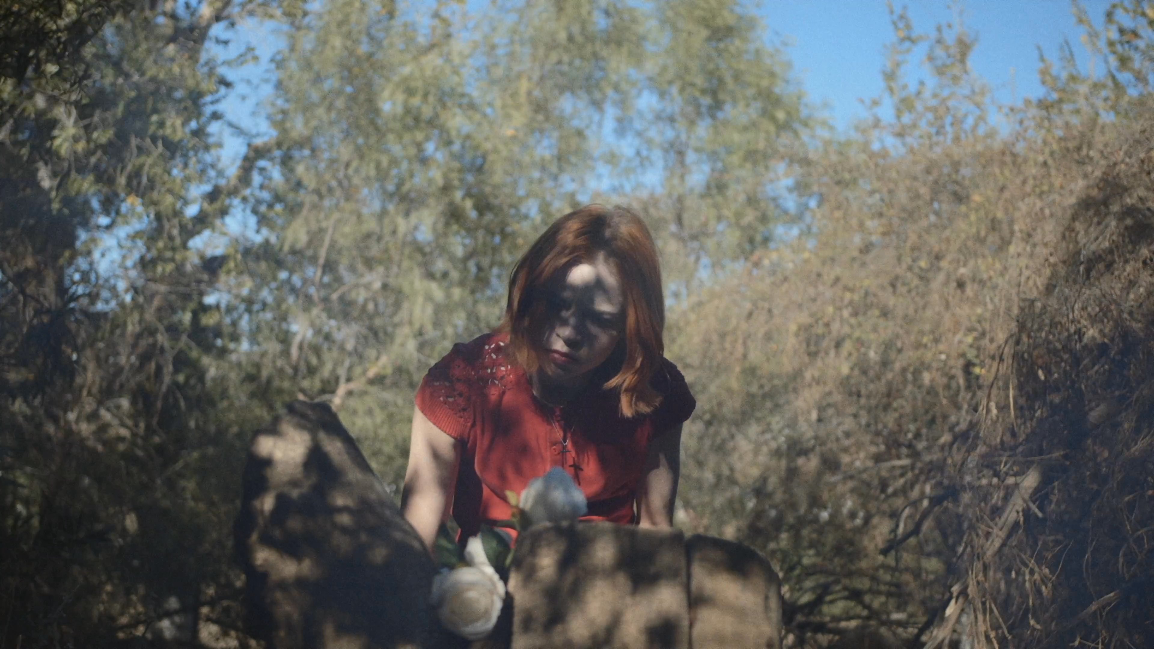 A woman in a red shirt walks along a sunlit dirt path through a wooded area filled with a light haze. She pauses to interact with an object or person, creating a quiet and atmospheric scene.