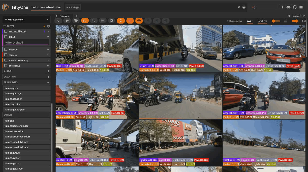 MOTOR clip playing back as four synchronized FiftyOne views: front, helmet, rear, and eye-tracker advancing together