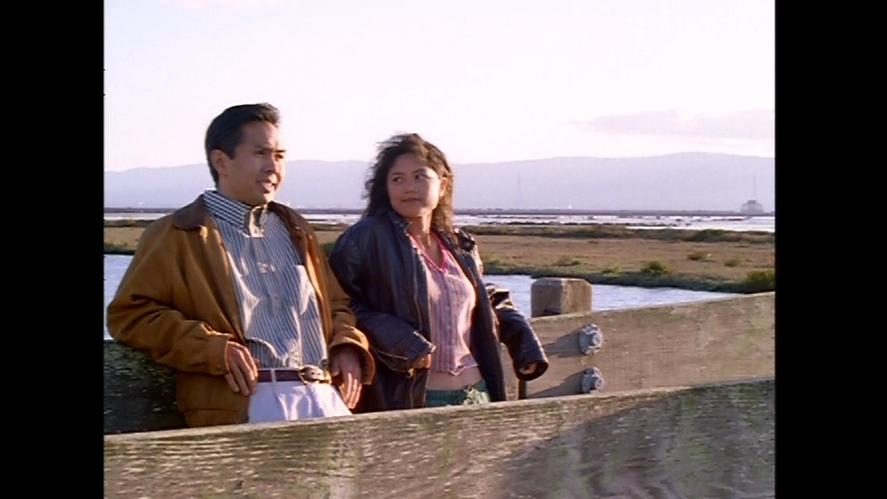 A couple engages in conversation while standing on a wooden bridge overlooking a tranquil marshland at sunset. They observe their surroundings while sharing a quiet, reflective moment together.