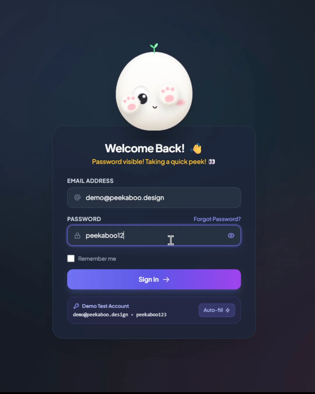 Boring login screens are officially dead. 🙈(🔈Sound on for the full experience!)  Who said enterprise or SaaS auth forms have to feel robotic?   Adding a layer of emotional design turns a repetitive chore into a memorable micro-moment:  → Tracks your email input  → Covers its eyes when typing passwords  → Takes a cheeky peek when you toggle password visibility   → Pouts on wrong inputs, celebrates on success   Micro-interactions don’t just decorate the UI - they build an instant emotional bond with the user before they even enter the dashboard.  What’s your take: delightful touch or unnecessary friction?💭