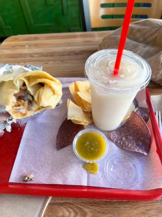 La Burrita - Lengua burrito, tortilla chips and mild salsa and horchata beverage. - Mexican Near Me - Berkeley, California