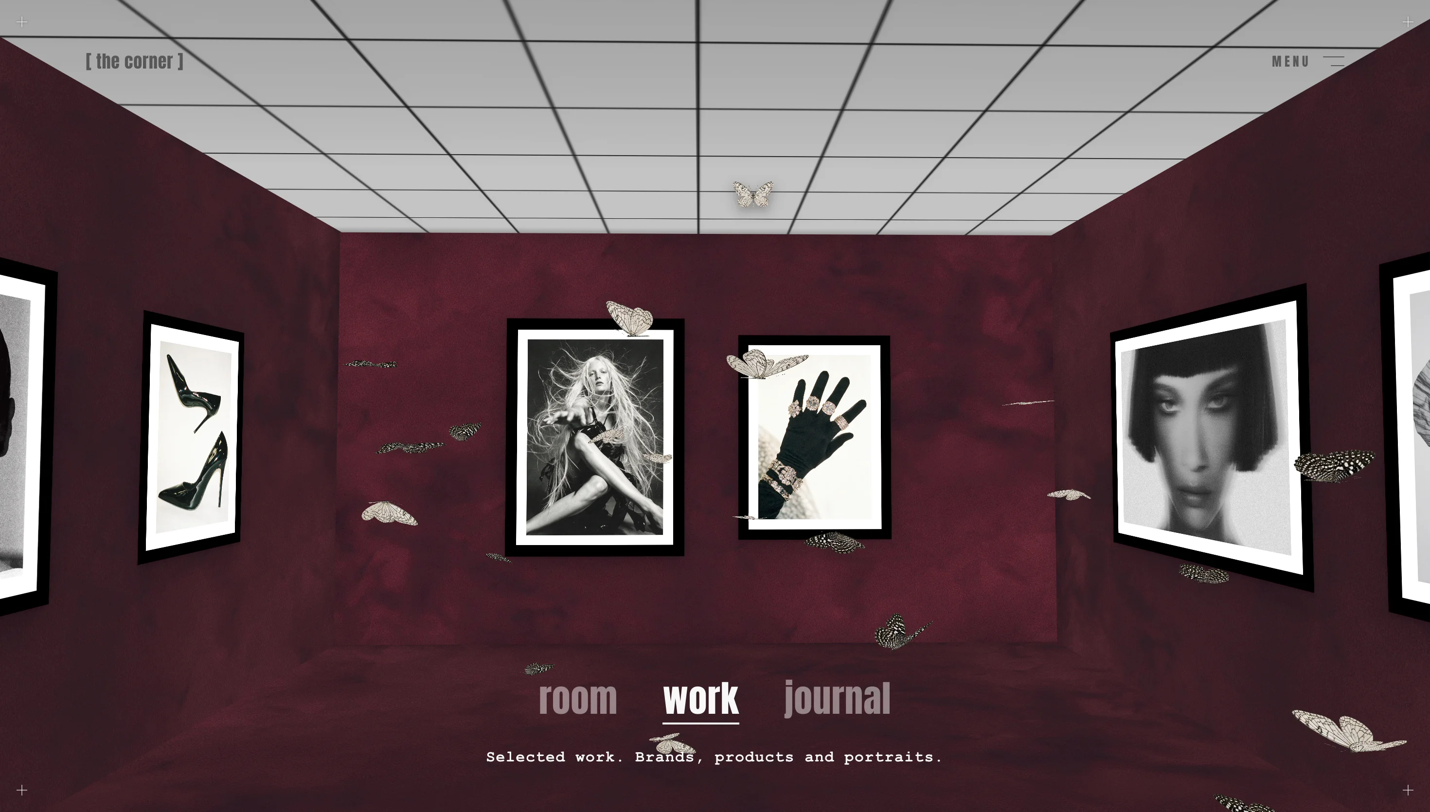 A website you walk through instead of scroll.Our gallery room: burgundy walls, framed black-and-white work, and butterflies drifting past as you move through the space 🦋Step inside 👇 thecornerandco.com/gallery