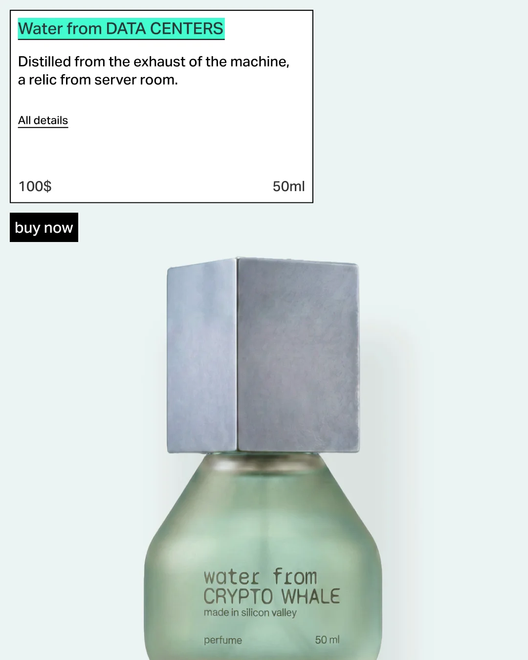 The concept emerged somewhere between an attempt to find a position on AI, new market demands, and the cost to the climate. Perfume, once placed on the body, is fleeting — it stays with us for only a few moments. Much like the water used to cool all manner of machines, which evaporates. And so I decided to seal it in a bottle. The generatedi mages of the perfume, and Claude’s help with the prompts, consumed around 11 liters of water.I wanted to frame technology within new sensory boundaries. Hence the narrative built around machines, cables, but also nature. The accent color here is OLO - invisible to the eye and to our screens. The main inspiration was an exhibition by the sensory artist Sissel Tolaas.