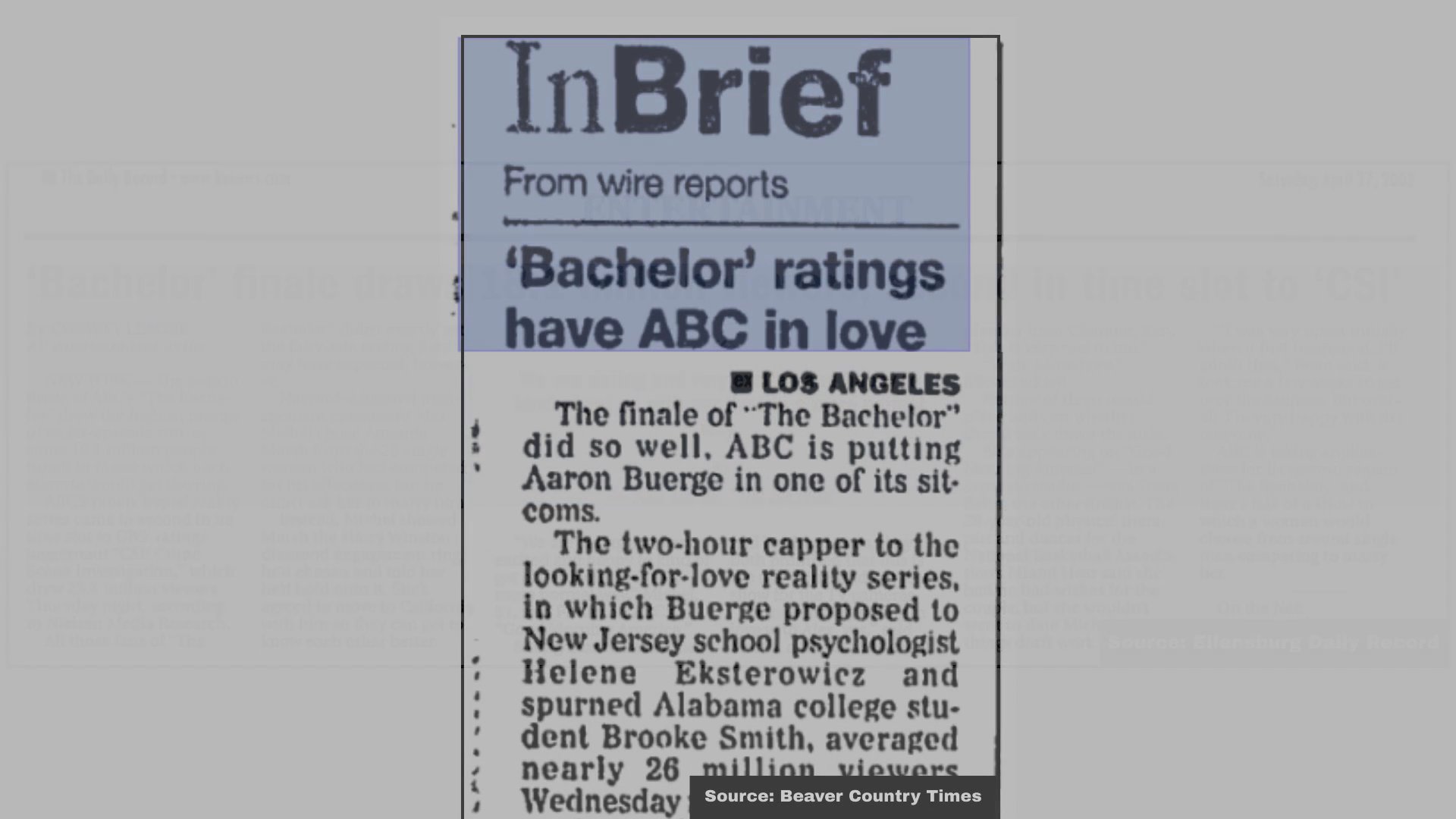 Historical news clippings detail the successful broadcast ratings of The Bachelor series finale. The documents highlight the show's significant viewership figures during its primary time slot.