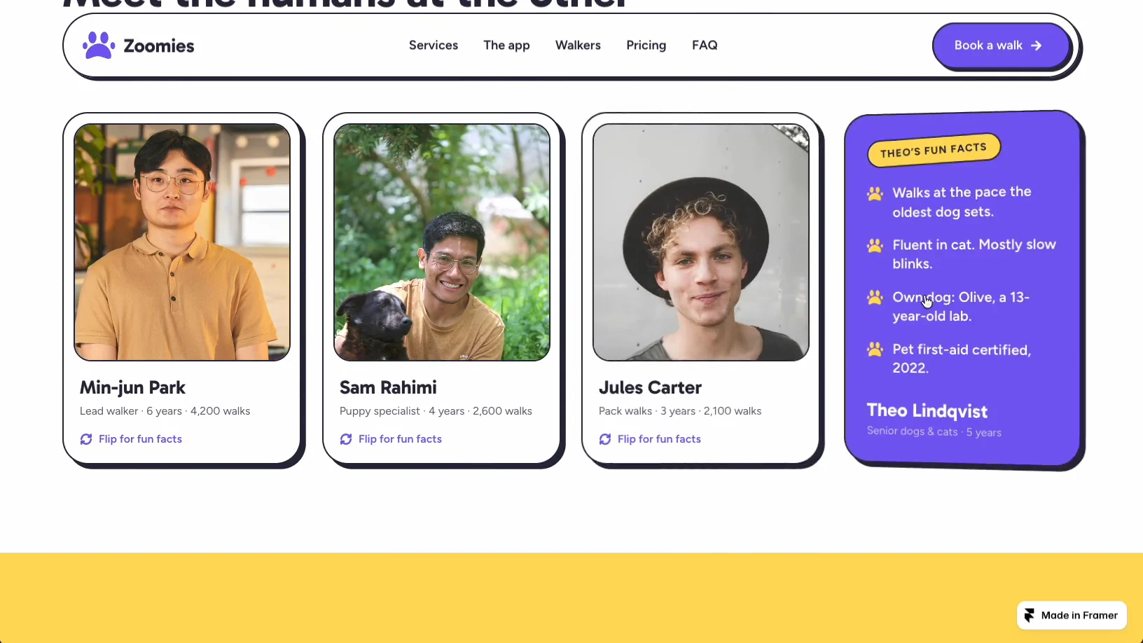 New free template: Zoomies 🐶A bright, animated template for dog walkers and pet sitters. Free to remix: https://framer.link/jRiYjCK
