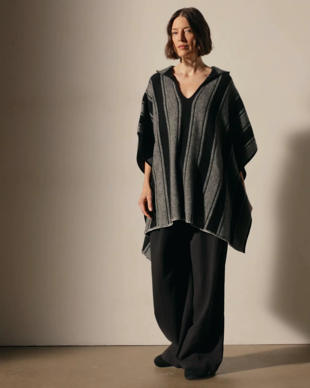 Baja Stripe Cashmere Poncho - Black Stripe | James Perse Los Angeles