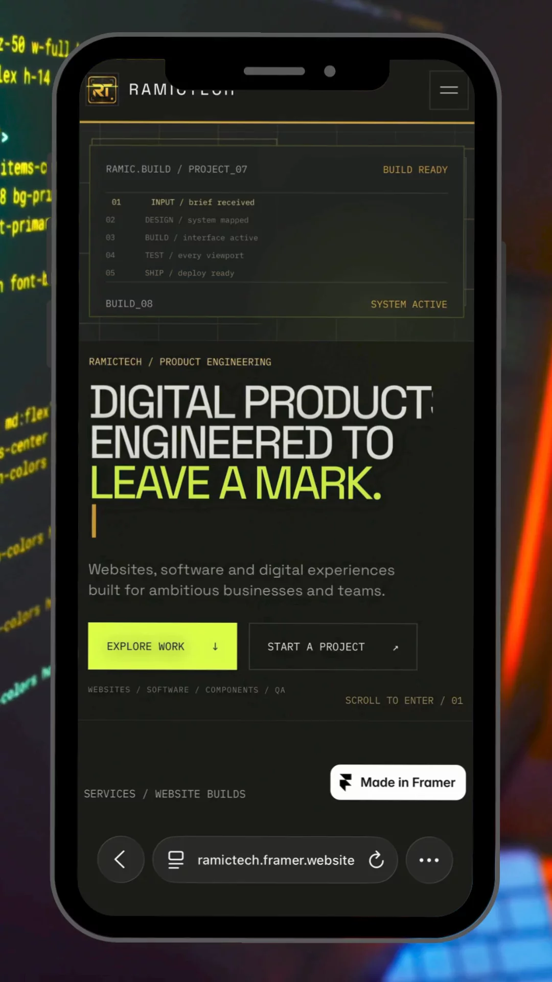 Developer Studio refined for mobile.A compact mobile experience built around clarity, speed, and the same dark technical identity as desktop.Websites, digital products, components, plugins, and QA — all designed to feel precise on every screen.