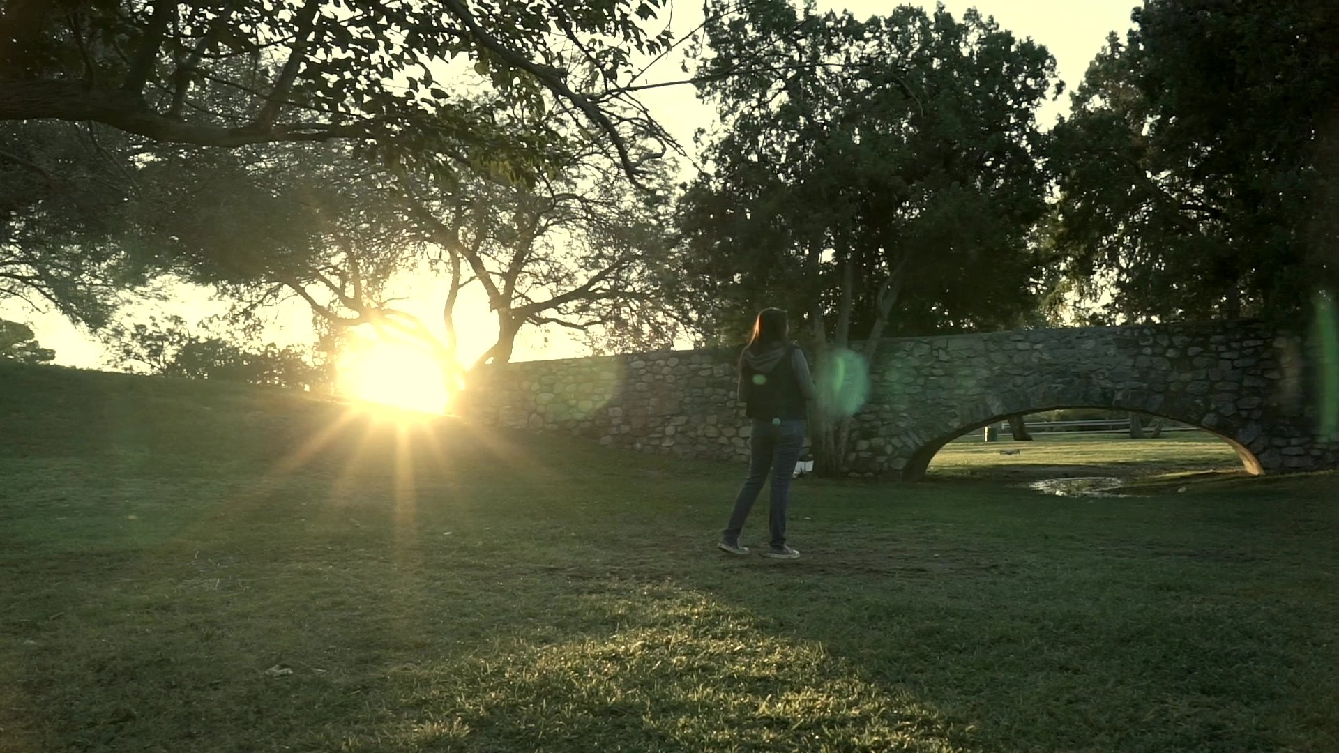 A person walks across a grassy park landscape towards a stone bridge as the sun sets in the background. The scene captures a tranquil moment in an outdoor setting during the golden hour.