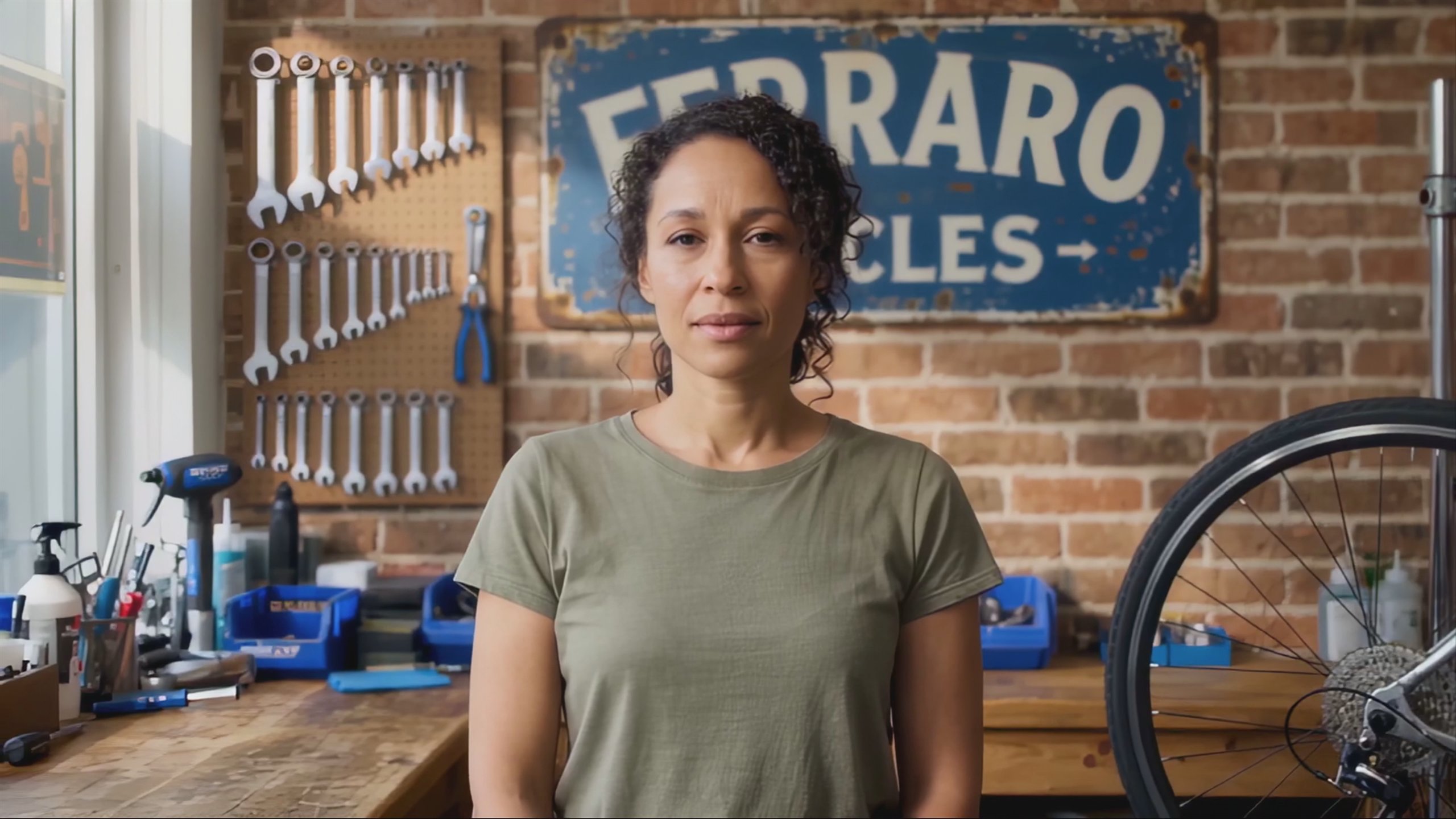 The clip at 1920 × 1080 with the grain gone and the sign lettering crisp — a woman standing behind the counter of a bicycle repair shop