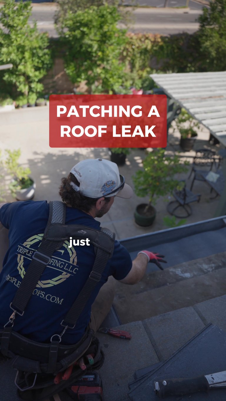 A Triple R crew member patches a roof leak on an active job.
