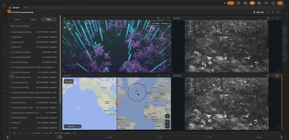Add Tile menu open in the FiftyOne multimodal viewer, listing Image, 3D, Map, Plot, Logs, and Message tile types