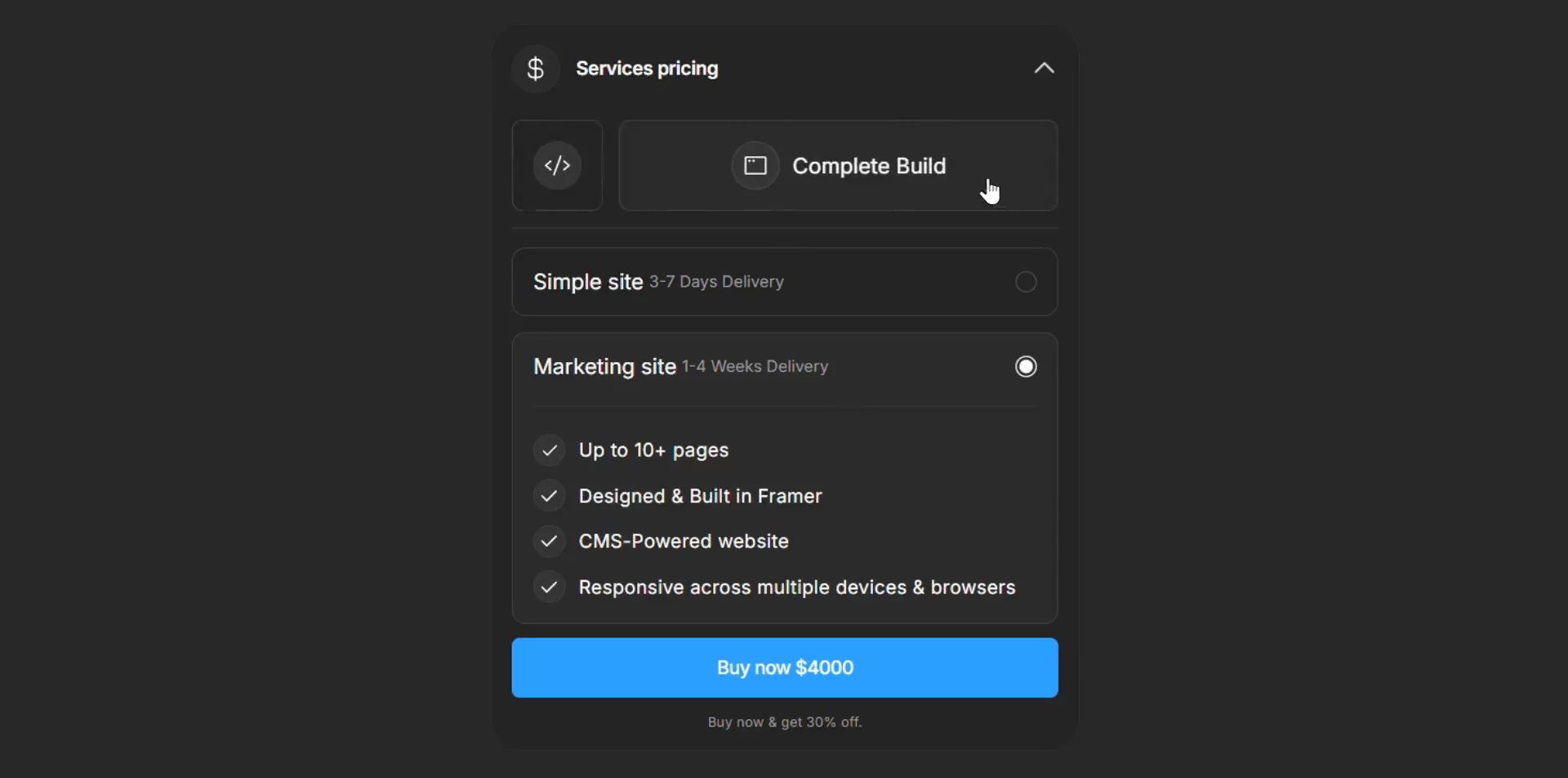 A Services pricing card from my portfolio i'm building, should i release it as component? Fully built in Framer with variants.