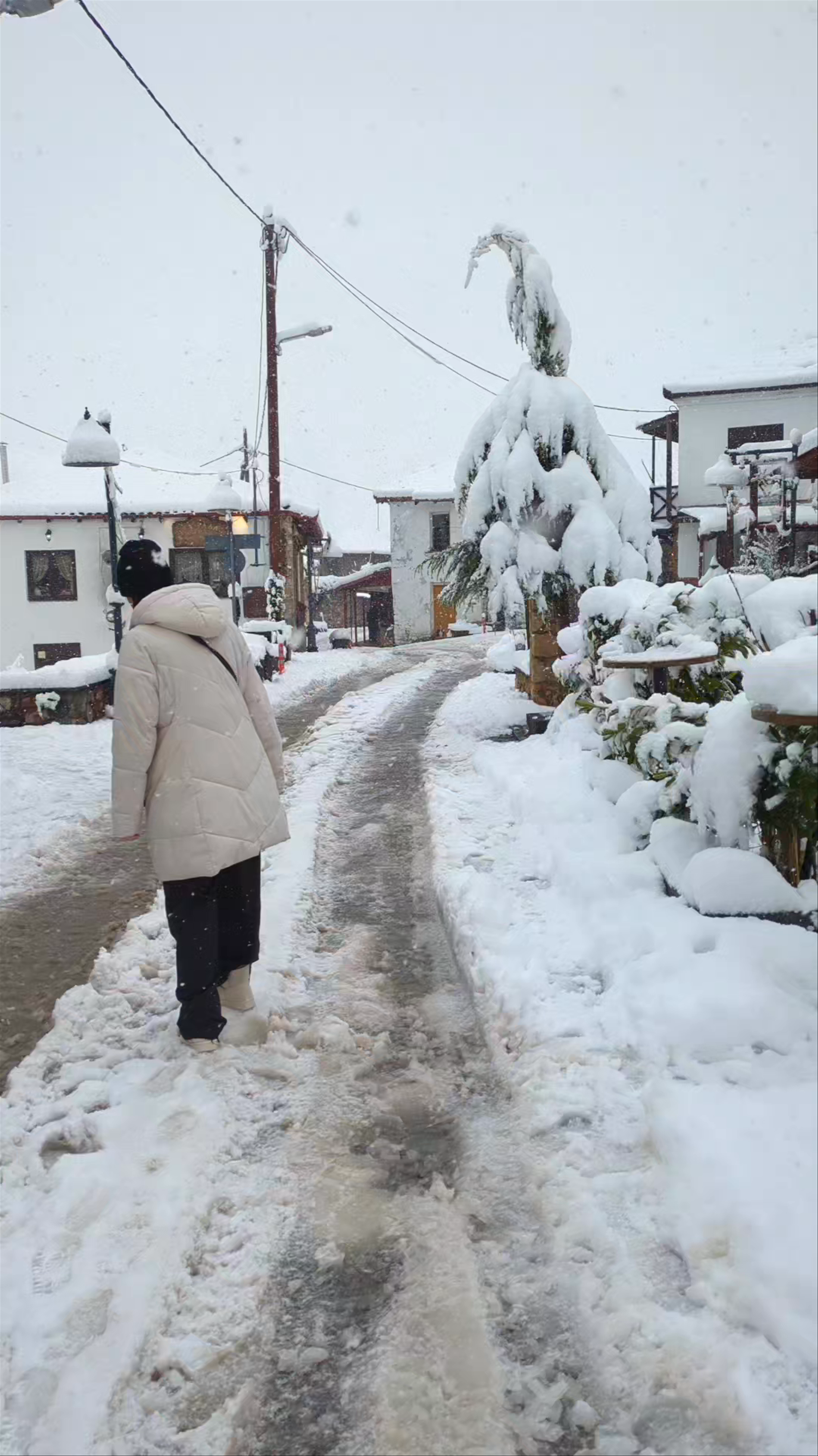Snowy Winter Walk through Agios Athanasios Village Center