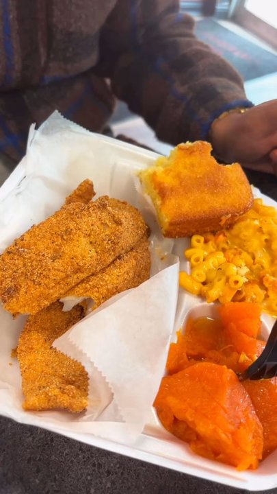 The Grub House - Fried Catfish Fillet (2 Pieces), yams, Cat's Mac & Cheese, 4 Fried Chicken Wings, Collard Greens no pork - Breakfast & Brunch Near Me - Indianapolis, Indiana