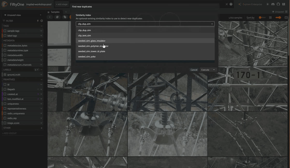 Running the Find Near Duplicates operator from the FiftyOne App operators browser to flag near-identical drone frames